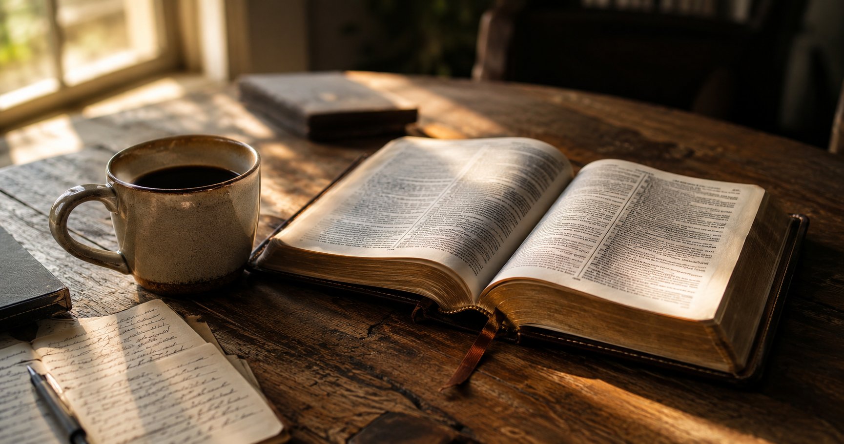 Open Bible on a wooden desk with morning light and handwritten journal notes — Rev George R. Willing's morning study